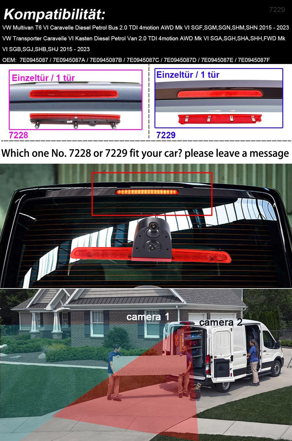 Zestaw podwójnych kamer cofania z monitorem TFT LCD 7", światło hamowania, kamera cofania z dwoma soczewkami do VW T6, klapy bagażnika, wysokiego dachu, lampa stopu, transporter, biznes, MPV, SUV Bus