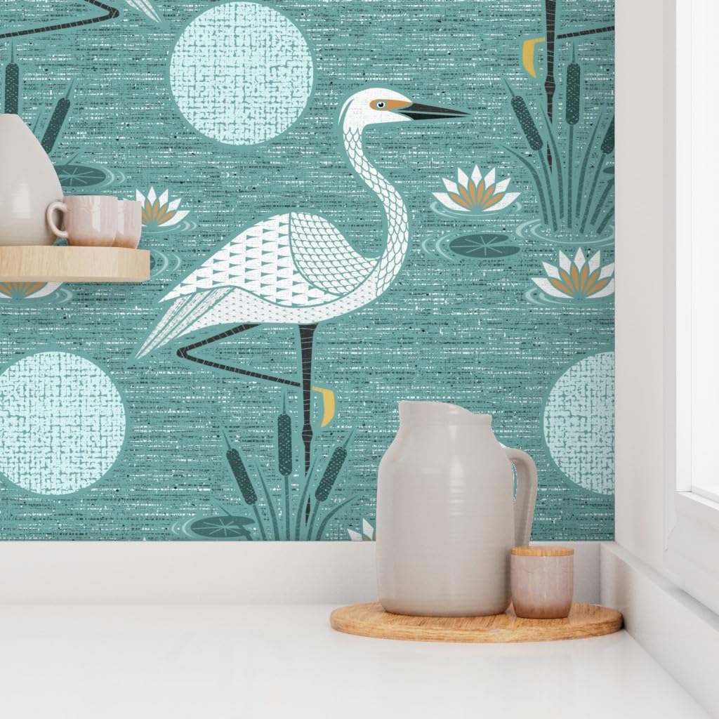 Peel & Stick Wallpaper 3ft x 2ft - Water Lily White Egret Teal Aqua Neutral Calm Serene Minimal Weathered Custom Removable Wallpaper by Spoonflower