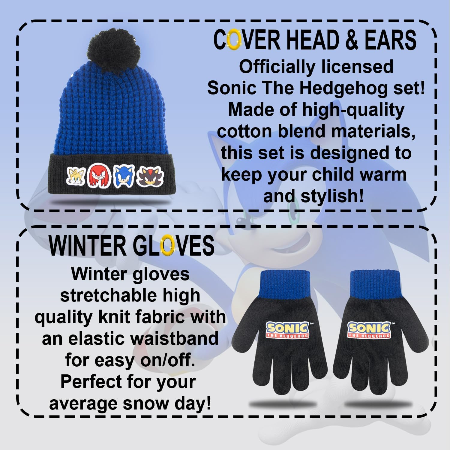 Sonic The Hedgehog Winter Hat and Gloves Set – Blue Sonic Hat for Boys Ages 5-13 – Winter Hat with Scarf and Glove Set - Image 2