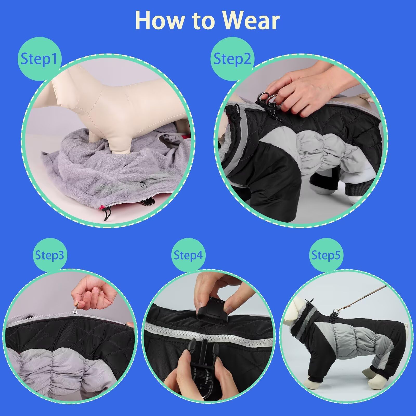 MIGOHI Abrigo de cuerpo completo para perro, abrigo de invierno cálido reflectante con arnés, chaqueta de forro polar de cuello alto para perros pequeños, medianos y grandes, traje de nieve