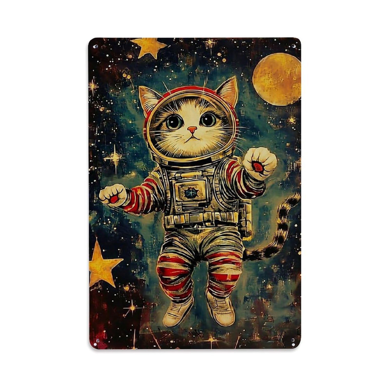 Bliveurn Vintage Astronaut Cat In Space Retro Metal Tin Sign, Metal Poster For Home, Gaming Room, Studio Workshop,Bar,Garage Wall Art Decor 8X12 Inch