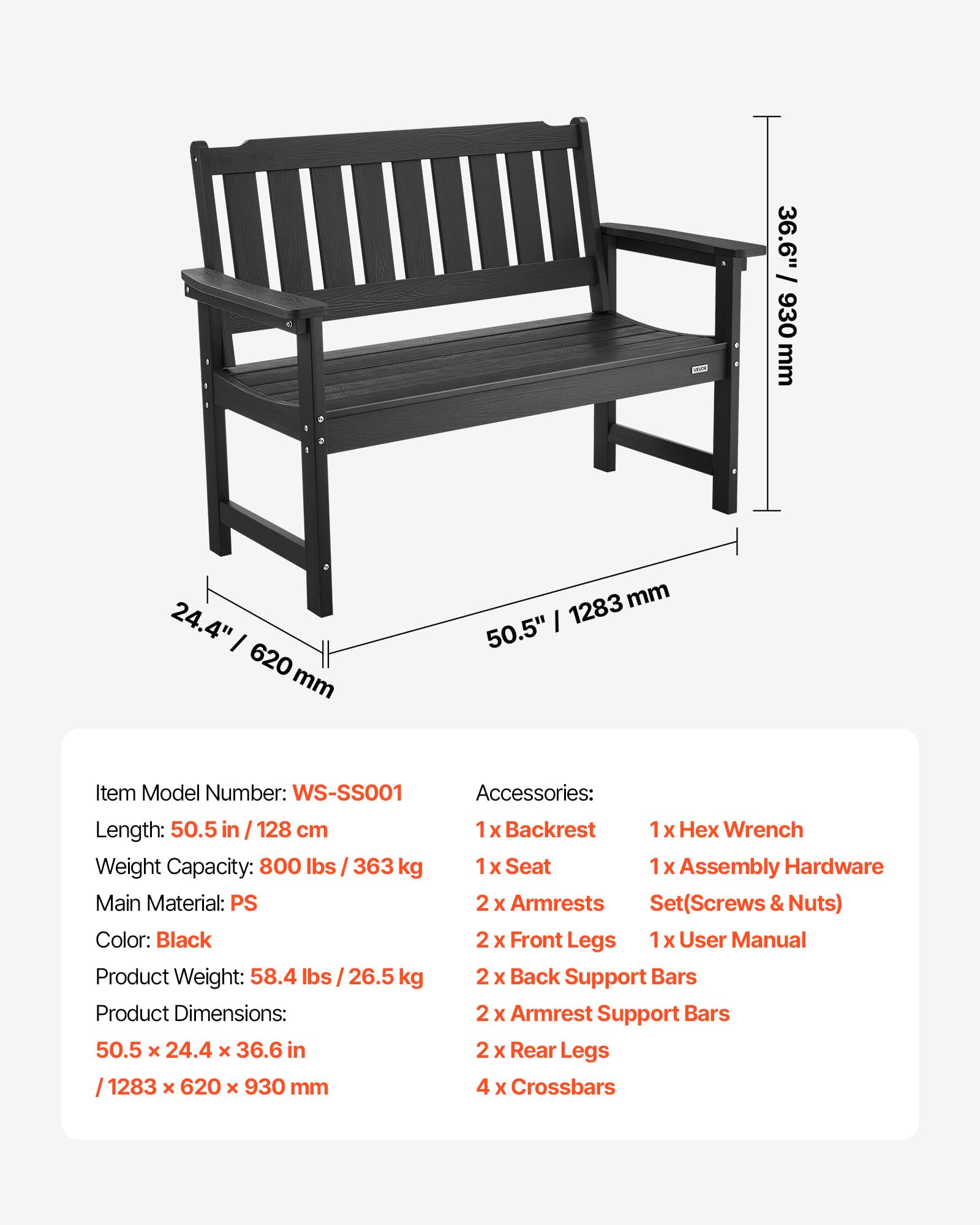 VEVOR Panca da Giardino, Panca da Esterno in Plastica Lunghezza 128 cm Capacità di Carico da 363 kg, Sedia per Esterno con Schienale Braccioli per Cortile, Parco, Giardino, Nero