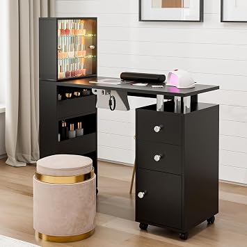 Manicure Table with LED Light, Glass Shelf Door Nail Desk with Dust Collector & Storage Shelves, Nail Tech Table with 2 Drawers & Cabinet for Technician WorkstationBlack