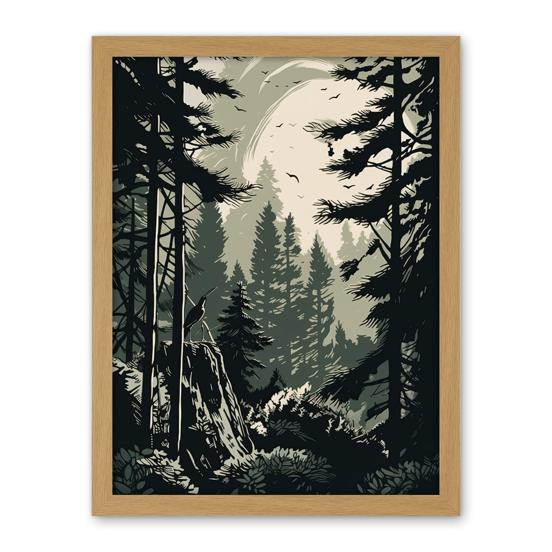 Artery8 Pine Tree Forest Sunrise Landscape Illustration Artwork Framed Wall Art Print 18X24 Inch