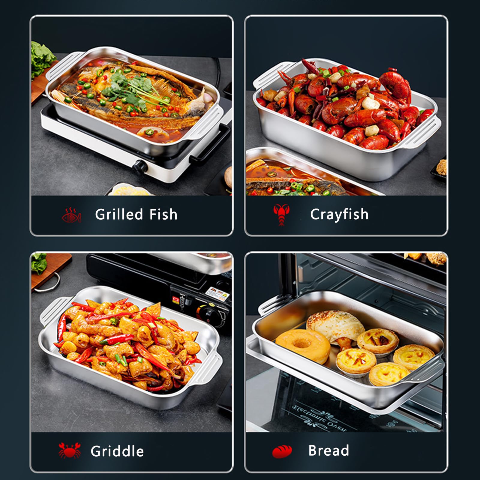 Bandeja rectangular de acero inoxidable para lasaña, 5 tamaños, bandeja profunda para hornear pasteles, galletas, plato de comida para hornear panes, pavo, pescado, verduras (45 cm, poco profunda)