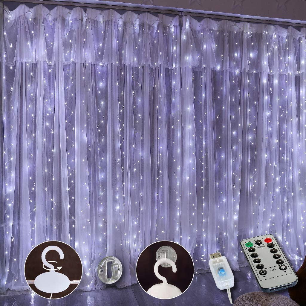 MIRADH 300 LED Fairy Curtain Lights with Remote Control Adjustable Brightness, USB Operated for Home Decoration, Diwali Decoration, Bedroom Outdoor Birthday Balloon (White)