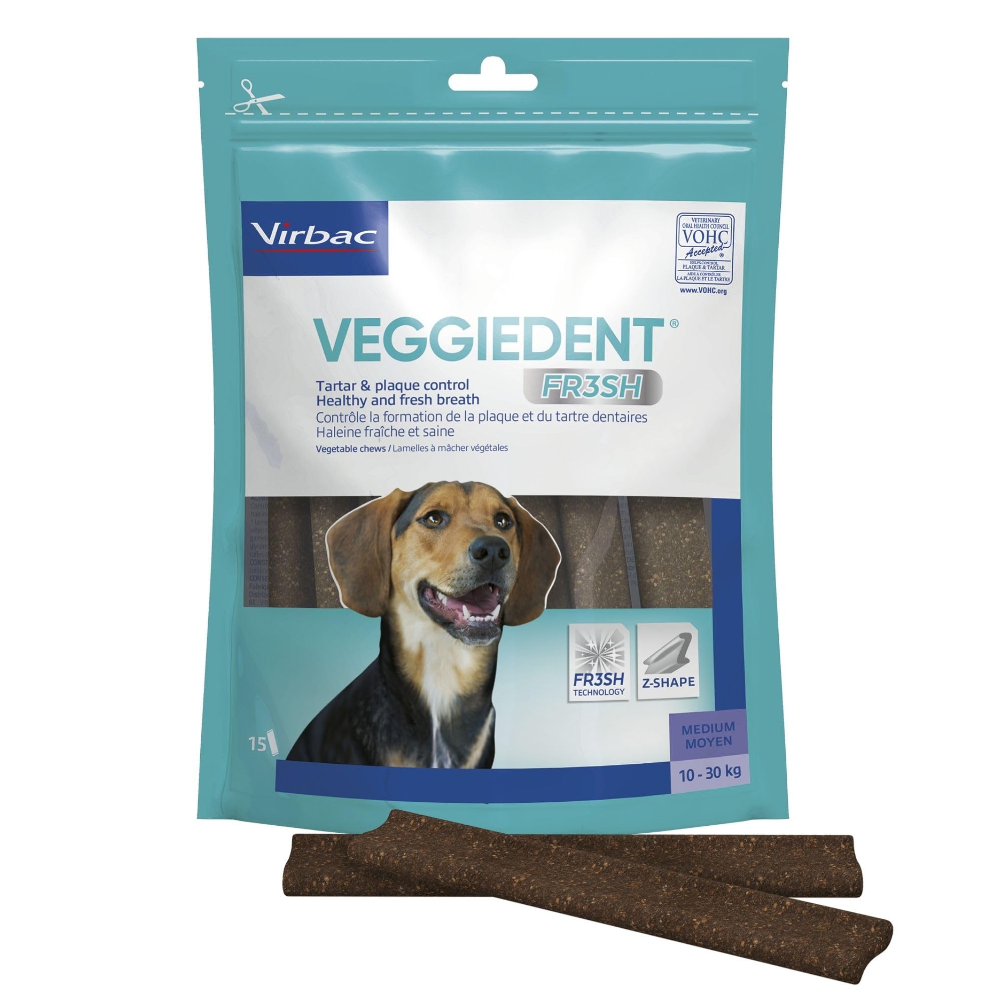 Virbac VeggieDent - Strisce da masticare per cani di taglia media (da 10 a 30 kg), 15 strisce