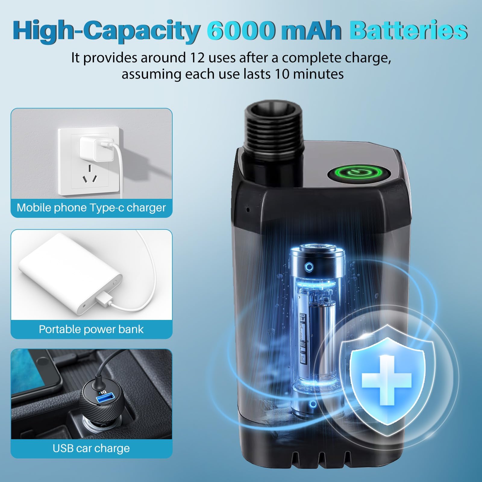 Douche portable pour camping, 6000 mAh rechargeable avec écran LED, pompe de douche portable étanche IPX7 et pommeau de douche pour randonnée, voyage, camping-car, voiture, bain d'animaux