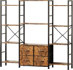 VERMESS Triple Book Shelf, Wide 4-Tier Industrial Bookshelf, Large Bookcase with 4 Fabric Drawer, 55" Display Shelves for Home Office, Living Room, Rustic Brown