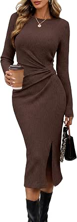 OFEEFAN Women's Long Sleeve Twist Waist Sweater Dress