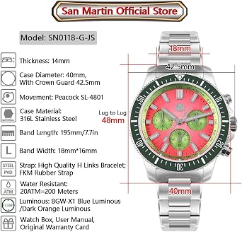San Martin 40mm Diver Chronograph Men Watch Peacock SL-4801 Automatic Luxury Men Mechanical Wristwatch