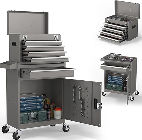 Cofre de herramientas de 5 cajones, caja de herramientas rodante 2 en 1 con ruedas y cajones, caja de herramientas de almacenamiento desmontable con