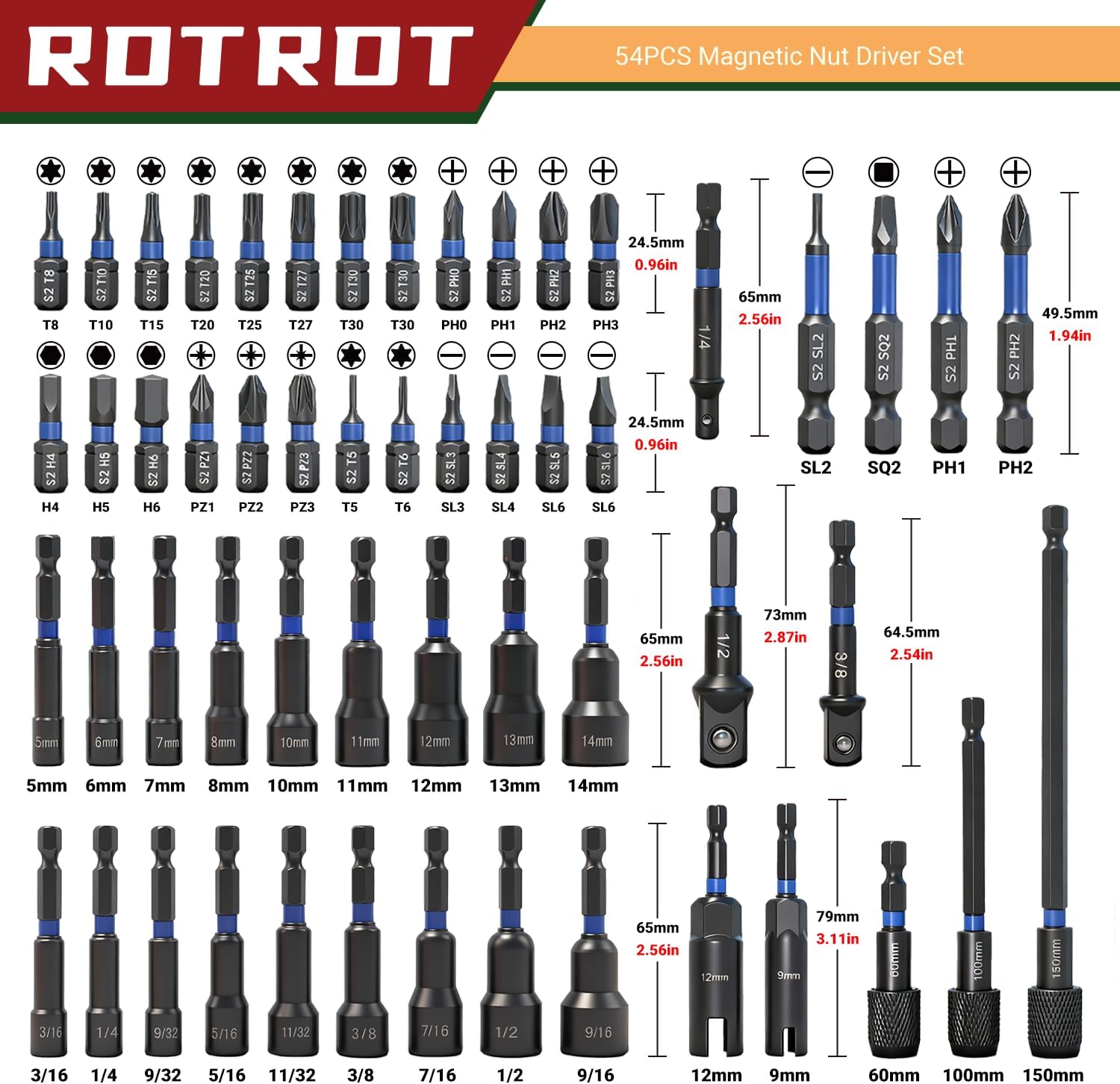 54-Piece Magnetic Nut Driver Set, Impact Drill Driver Bit 1/4", Metric & SAE Nut Drivers for Impact Drill, Socket Adapters, Screwdriver Bit, Quick-Release Extension, Wing Nut Driver, Storage Box