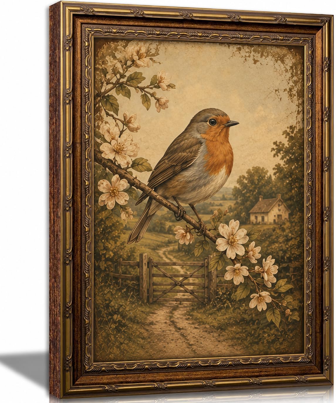 Vintage Gold Framed Wall Art Bird Floral Canvas Rustic Nature 12x16 inch