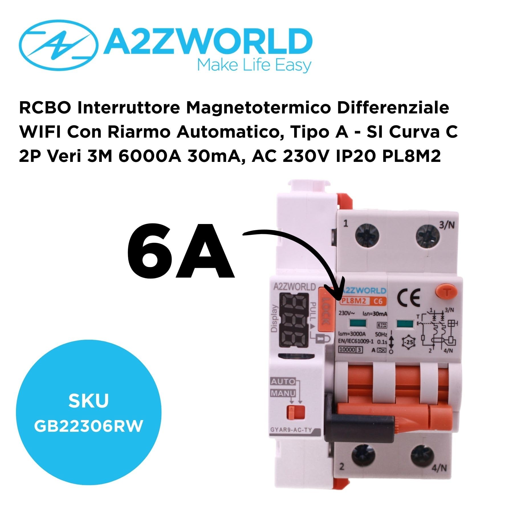 Interruptor magnetotérmico diferencial WIFI con reinicio automático, RCBO tipo A curva C, Idn 30mA / 0.03A, In 6A, APP Tuya Smart Life, 2P hasta 6kA, 3 módulos, control remoto y manual