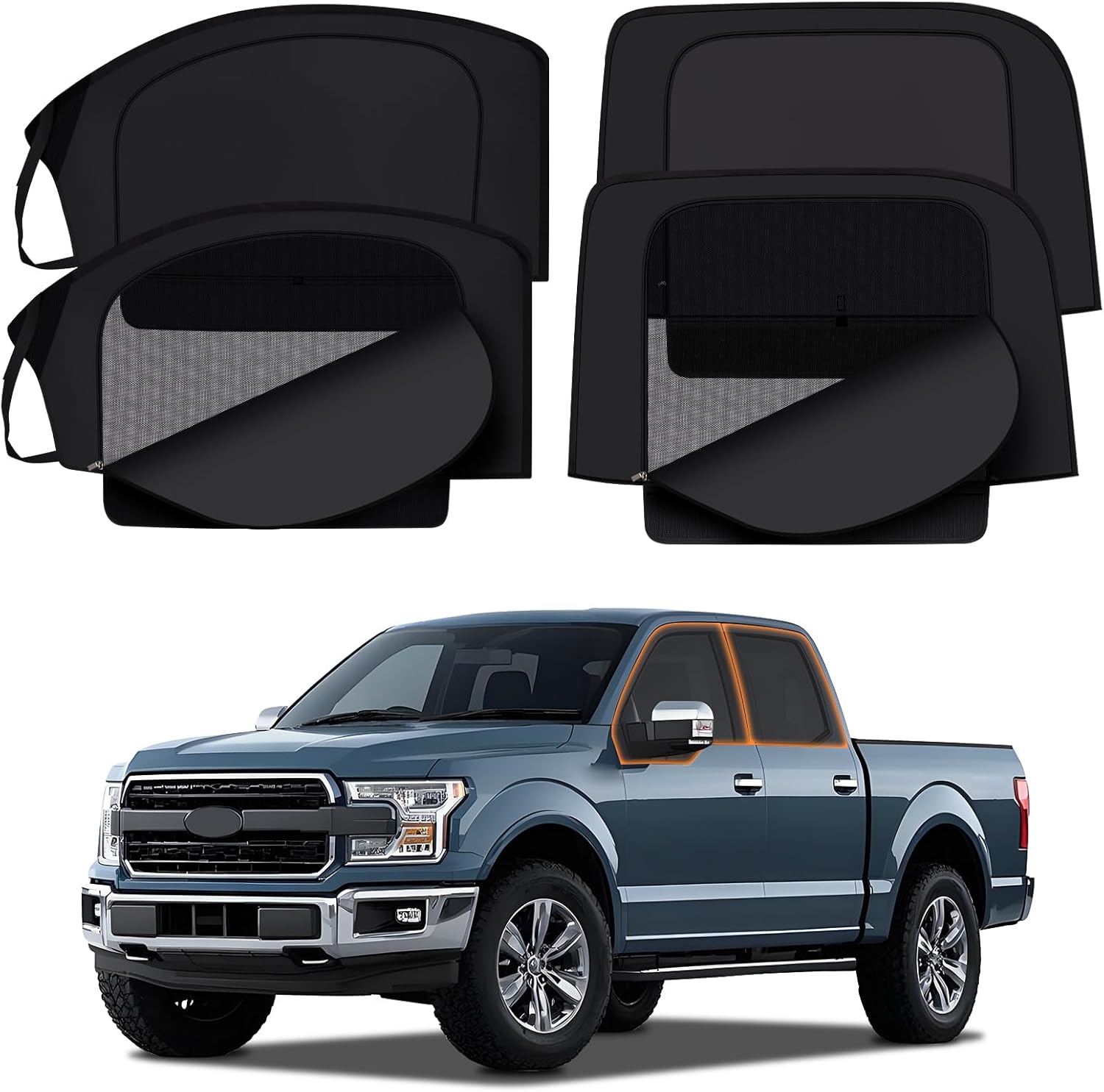 XCBYT F150 Window Sunshades for 2020-2024, Dual Layer Car Window Covers with Breathable Mesh & Blackout Cloth, 99% UV Protection Privacy Curtains for Car Camping, Sleeping & Rest (4 PCS)