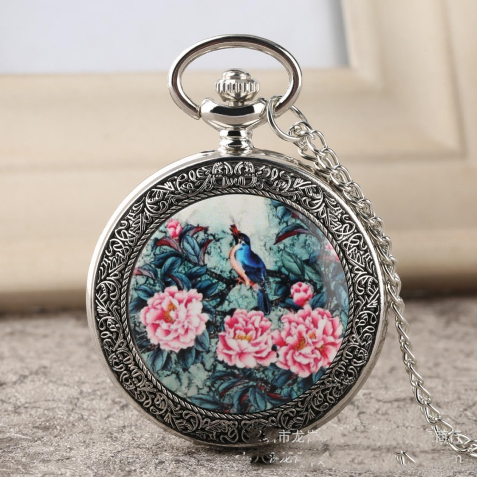Reloj de Bolsillo, Reloj de Bolsillo Vintage, patrón un pájaro y Tres Flores, Reloj con Cadena