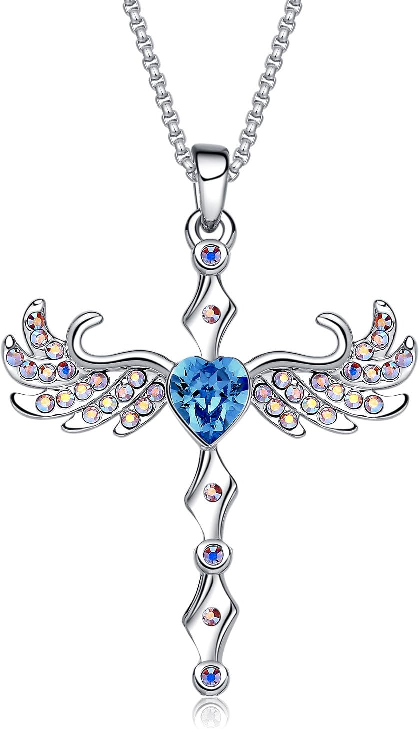 Women Cross Angel Wings Blue Heart Pendant Necklace with Crystal Jewellery Gifts for Her Mum Wife Girlfriend