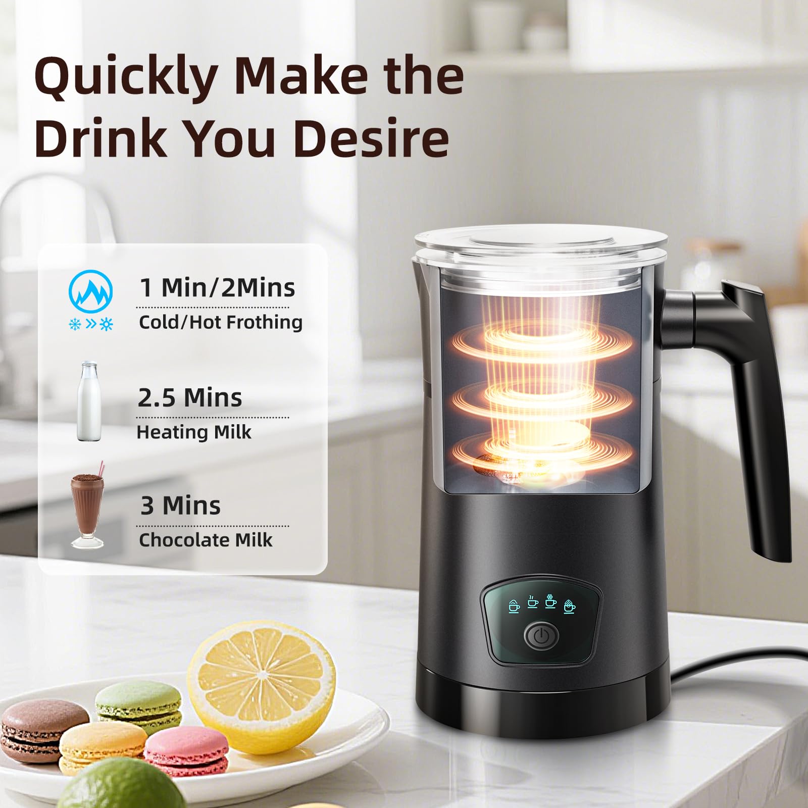 Espumador de leche, vaporizador de leche eléctrico 4 en 1, máquina automática de espuma fría y caliente, calentador de leche de 11.8 onzas, espumador de café para café con leche, capuchino 5