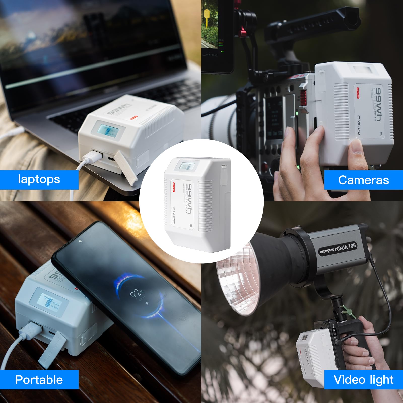 VILTROX BP-V99 V Mount Akku 6700mAh Mini V Lock Battery 99Wh/14.8V mit LCD-Anzeige,Dual D-Tap&USB Output,Weiß Mini V Lock Akku in Camcordern,Kameras,LED-Lampen,Monitoren,Smartphones und MacBooks