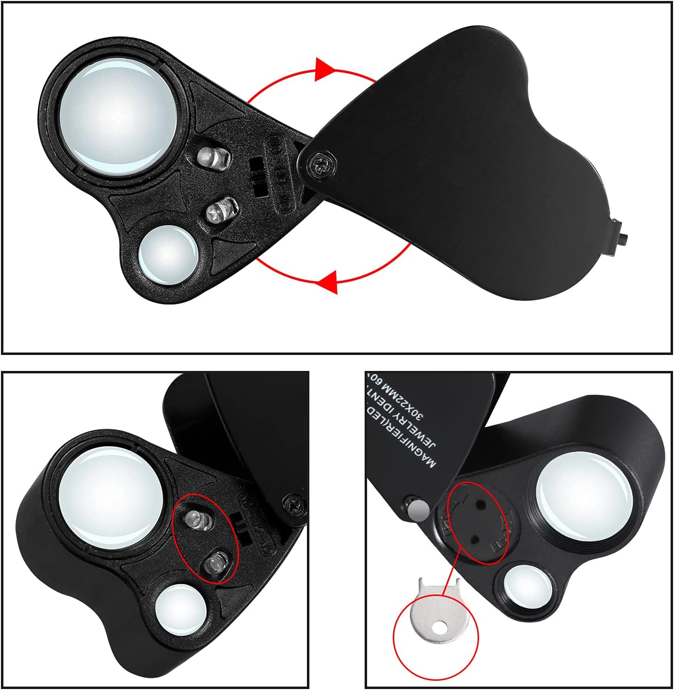 Jiusion Portable Lighted LED Illuminated Jewelry Magnifier 30X 60X Wearable Handheld Dual Lens Eye Loupe Magnifying Glasses Micro Microscope with Keychain and Lanyard