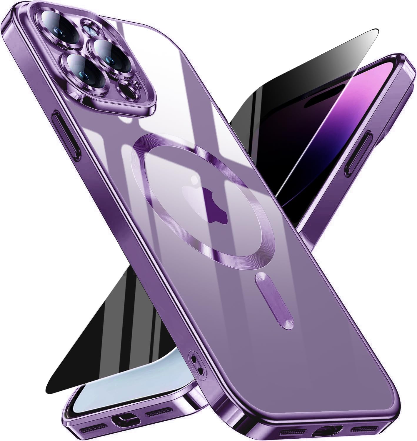 Magnetic for iPhone 14 Pro Max Case with Privacy Screen Protector &amp; Full Camera Cover,[Non-Yellowing] Plating Glossy Soft Shockproof Clear Phone Case with MagSafe Women Girls for 14 ProMax,Dark purple