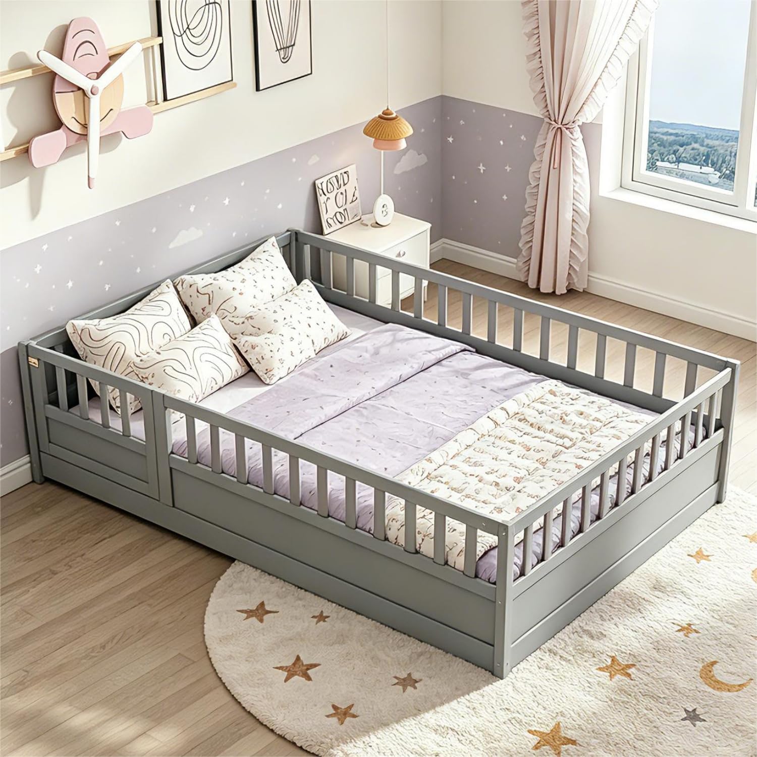 Bellemave Full Size Floor Bed Frame with 21.4" High Guardrails & Door, Wooden Montessori Floor Bed Full for Kids, Low Profile Floor Bed Full for Nursery, Montessori Beds with Slats, Grey