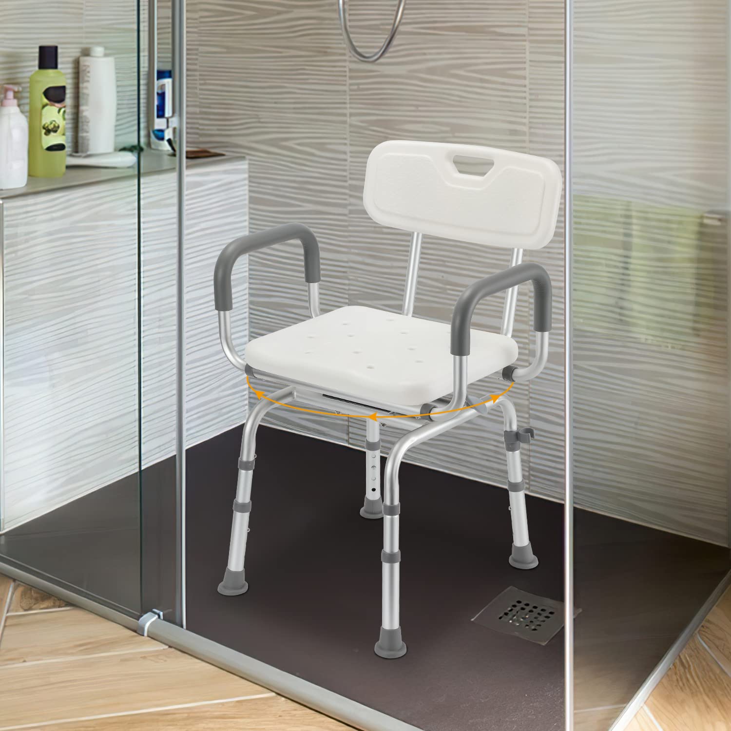 Gimisgu Silla de ducha giratoria 360°, con brazos y respaldo extraíbles, altura regulable 56-69 cm, grandes ventosas, taburete de ducha para personas mayores, estable asiento de ducha sin herramientas