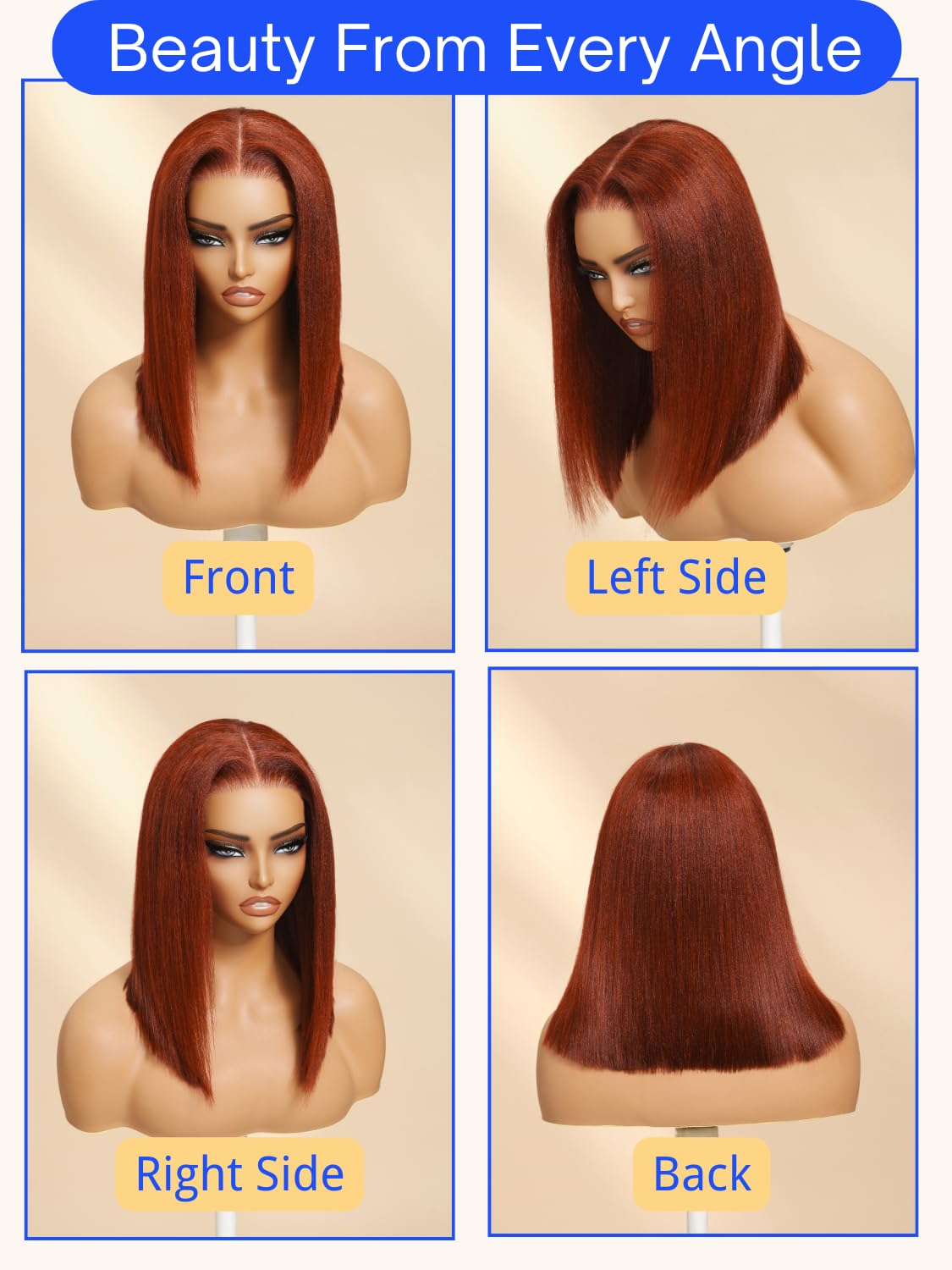 Nadula Reddish Brown No Slip Yaki Straight Bob Drawstring Wig Human Hair, Pre Cut Glueless 7x5 Bye Bye Knots Lace Front Wig Pre Plucked Bleached Knots Ready to Go Short Light Yaki Bob Wig 12inch