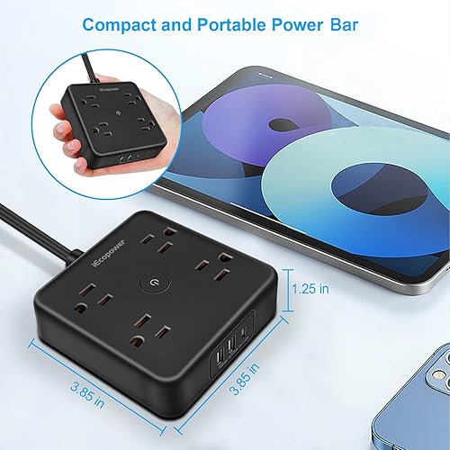Miniatura 5 de Paquete de 2 regletas de alimentación de enchufe ultra plano, protector de sobretensiones con 4 tomas amplias, cable de extensión delgado de 6 pies