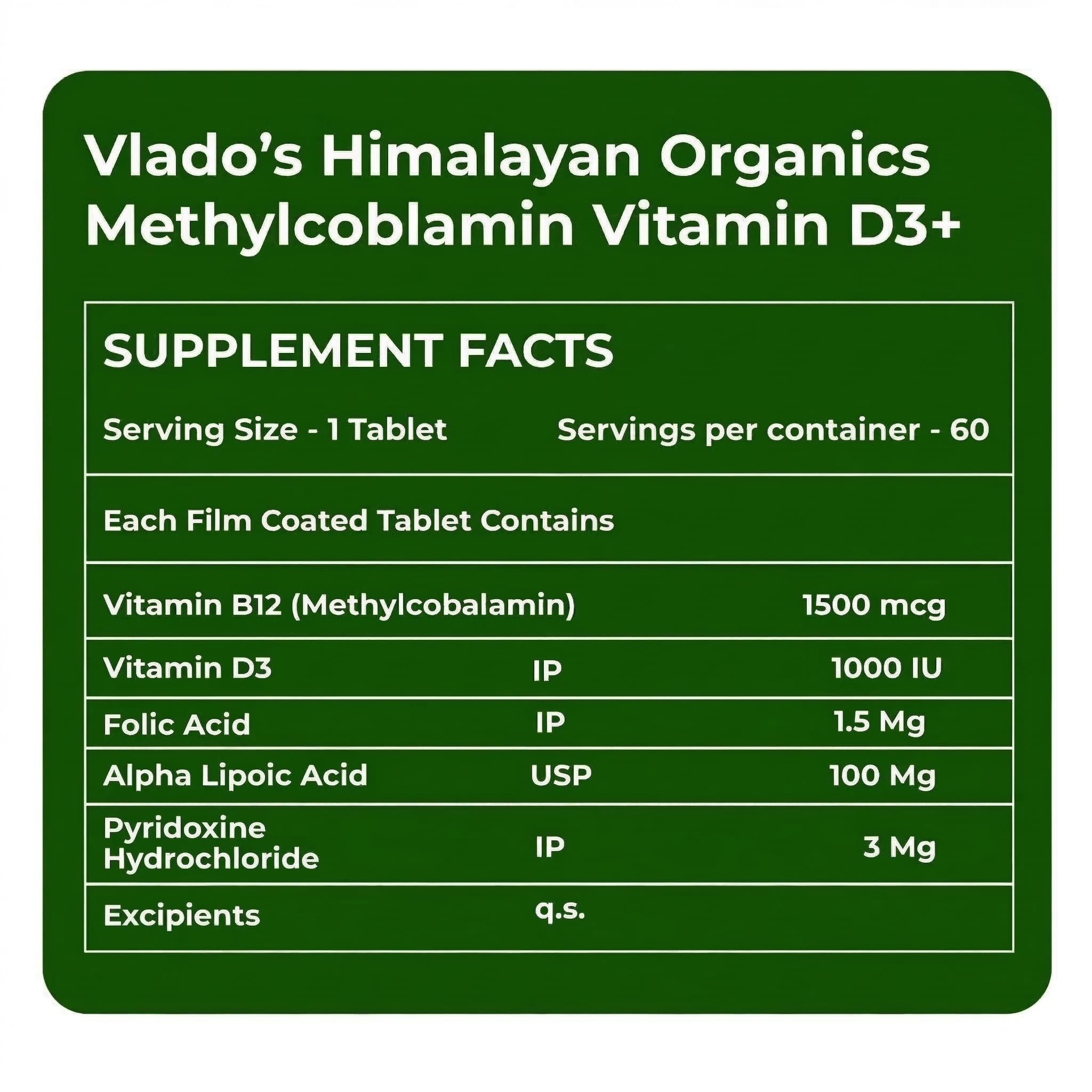 Vlado's Himalayan Organics Vitamin B12 1500mcg with Vitamin D3 | Vitamin B12 Supplements for Men & Women | Methylcobalamin 1500mcg with Vitamin D Tablets with Alpha Lipoic Acid , Folic Acid I B12 Vitamin Tablets - Best Vitamin B-12 Supplement For Men & Women - 60 Tablets — Amazon image 2