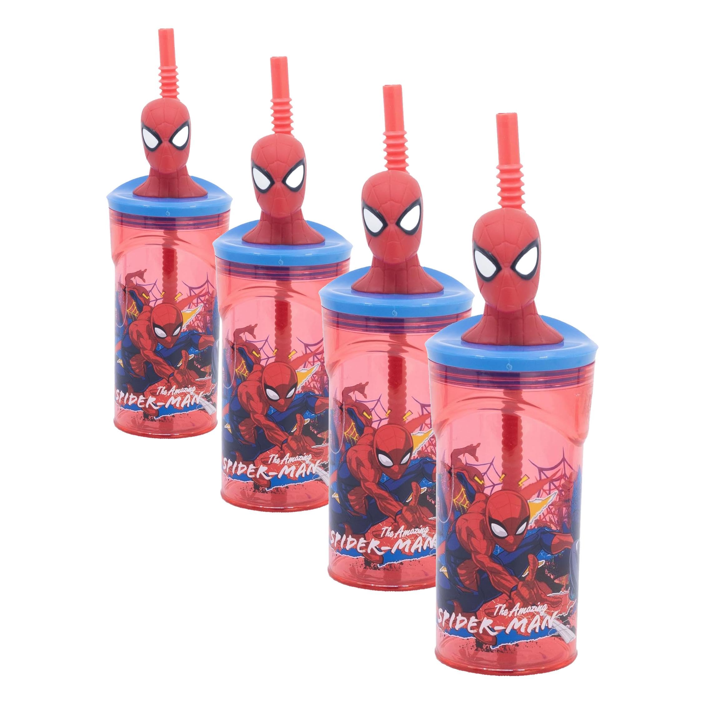Stor Wiederverwendbarer Kinderbecher mit Strohhalm und Deckel mit 3D-Figur und Fassungsvermögen von 360 ml Spiderman (Packung mit 4)