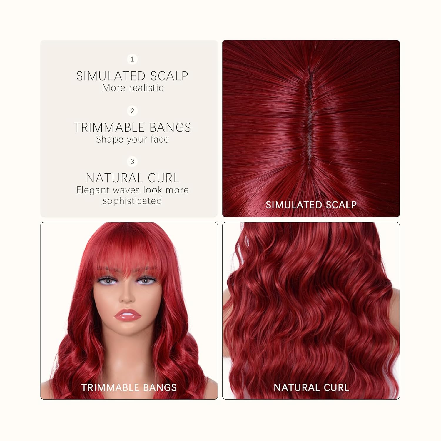 Red Wig with Bangs Long Wavy Curly Synthetic Heat-Resistant Wig for Women Natural-Looking for Daily Wear Cosplay and Halloween Party 28-Inch - Image 3