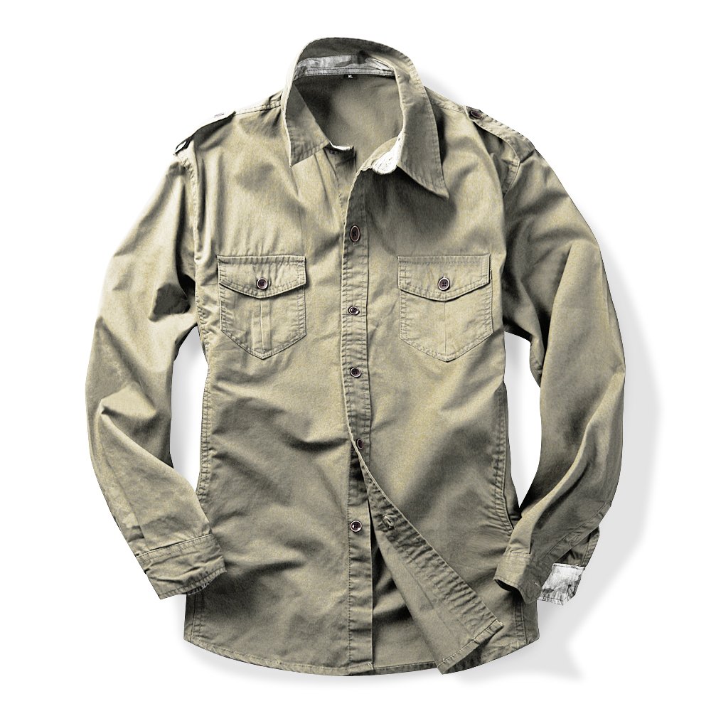 TianerhayMens Safari Shirts,Cargo Military Style Tactical Work Roll Up Sleeve Cotton Shirt Button Down Shirt