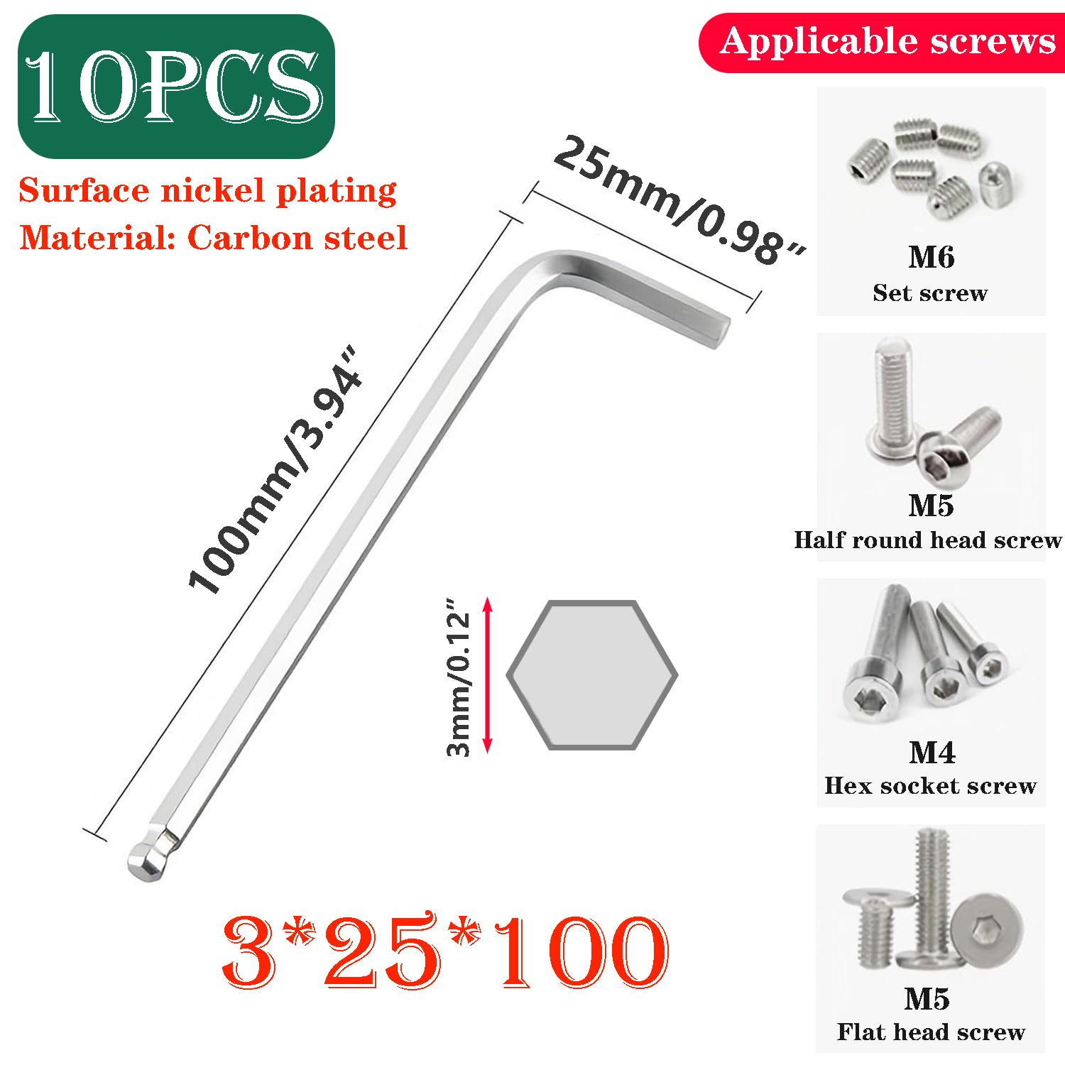 Qrity 10 Pezzi Chiave Esagonale con Estremità a Sfera da 3 mm, Chiave a Brugola a Braccio Lungo, Strumento di Riparazione per Riparazioni Domestiche