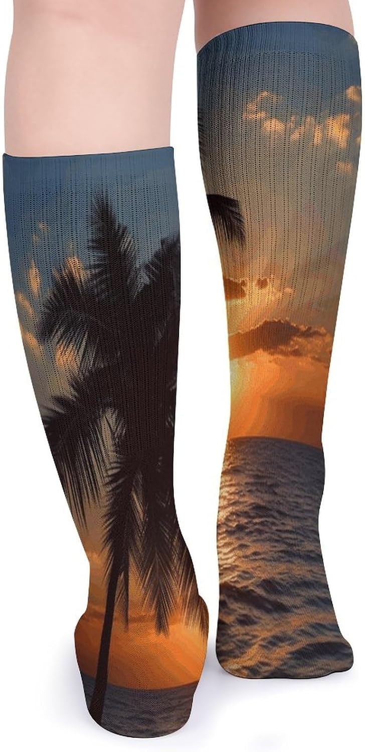 Sunset Palm Tree Ocean Crew Socks Cozy Casual Calf Socks Lightweight Long Work Sock Breathable Athletic Sock for Hiking Sports Running 5 Pairs