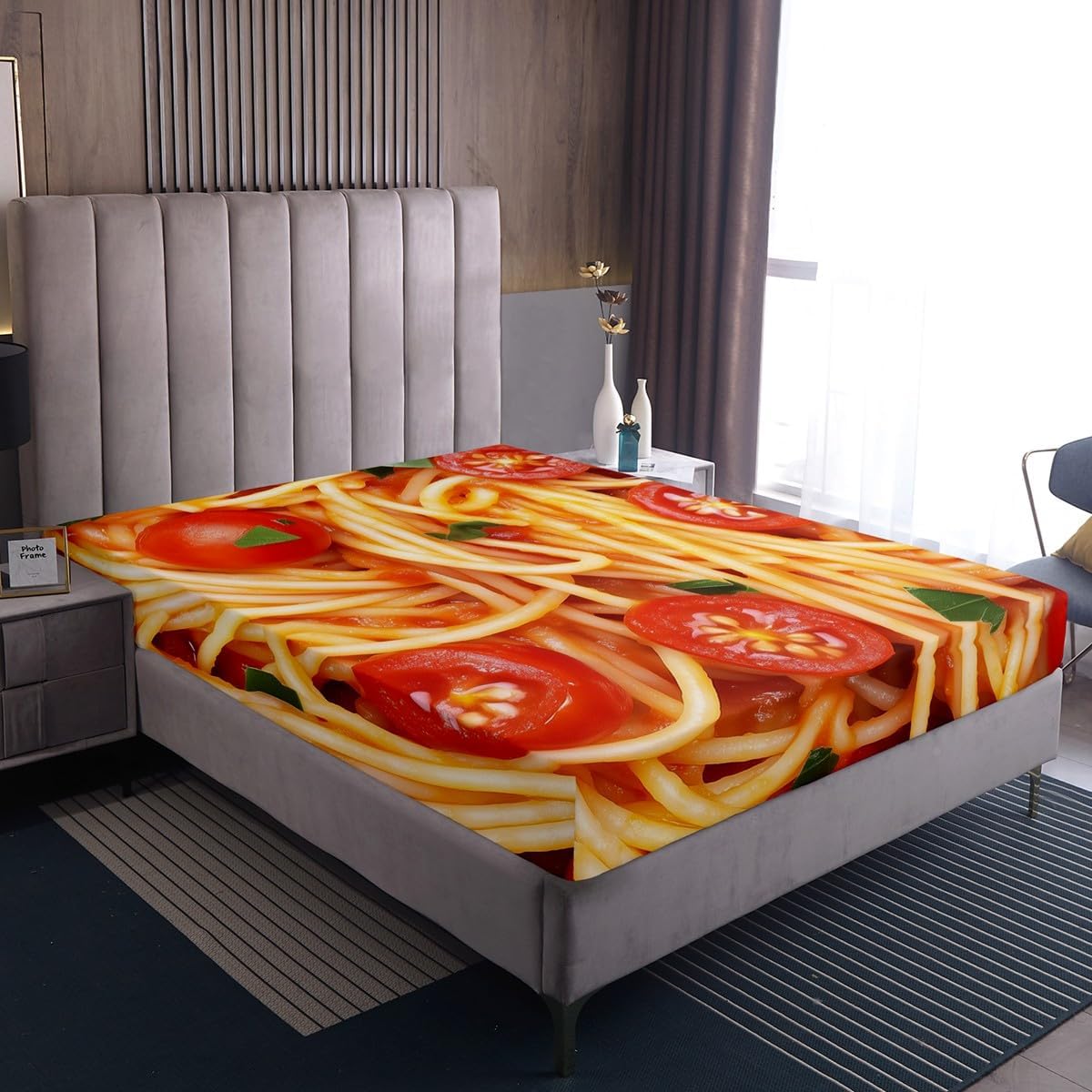 Erosebridal Spaghetti Fitted Sheet Twin Funny Decor for Bedroom,Tomato Pasta Noodles Bedding Set for Adults Kids,Food Themed Bed Sheets Birthday Gifts Noodle Bed Cover