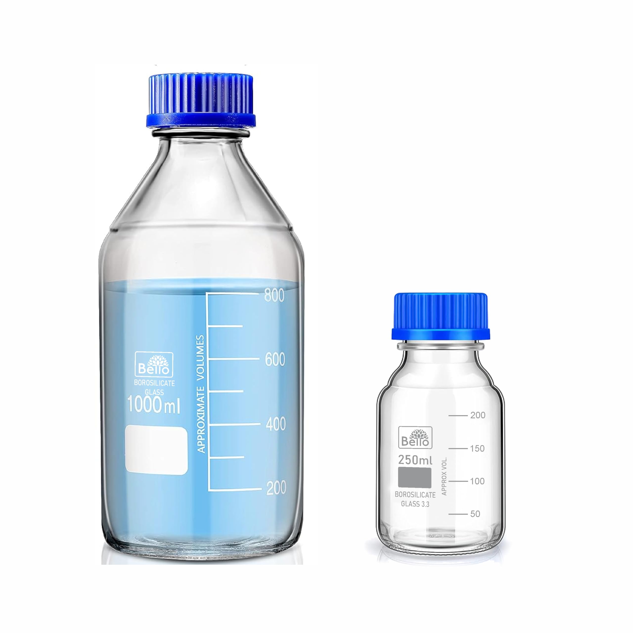 Bello Borosilicate Glass reagent bottle 1000ml & 250ml with leak proof Blue Screw Cap pack of 2 for glassware wide mouth chemical bottles for lab, laboratory, kitchen and professional use-image-3
