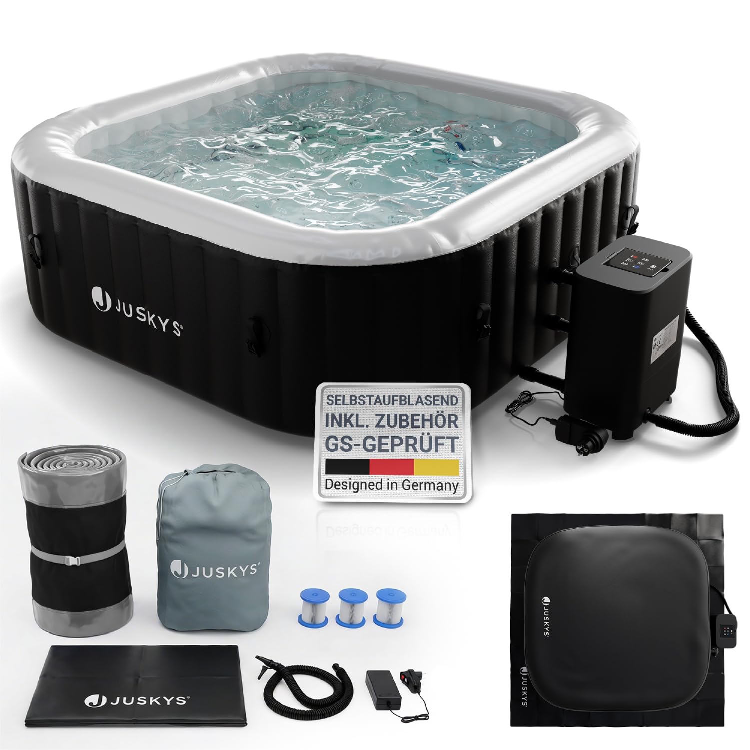 Juskys Spa-Pool Beheizbarer Whirlpool SpaLuxe – 130 Sprudeldüsen, 2400W Heizung, 910L Volumen - Schwarz / Weiß