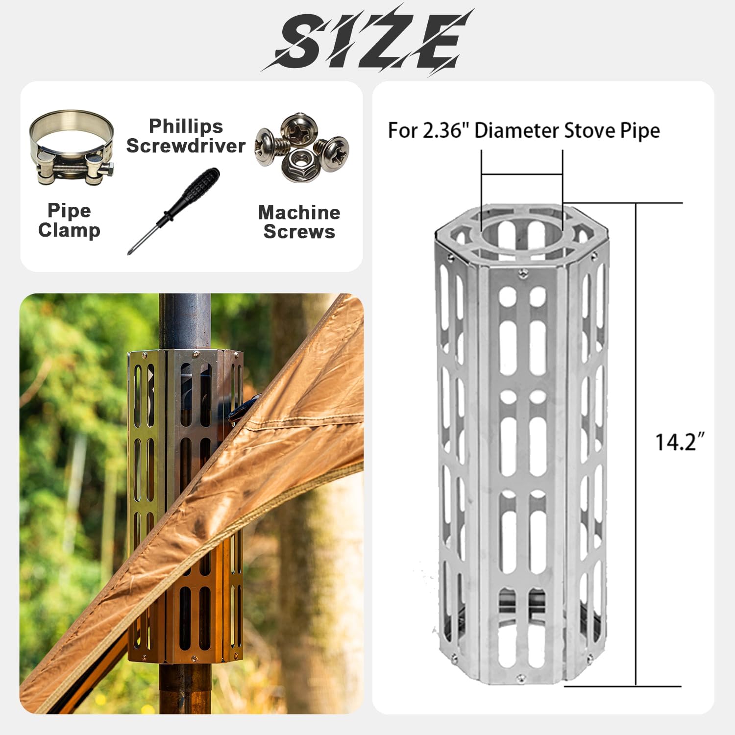 SoloWilder Stove Pipe Protector Detachable Adjustable Heat Shield for Tent Stove Insulated Anti-scalding Chimney Tube 2.36in 304 Stainless Steel