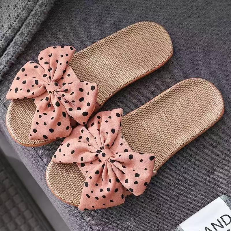 Women's Bow Sandals Boho Cute Straw Open Toe Dressy Summer Beach Vacation Slides Shoes 1 Pair Pink (Size 7.5-10