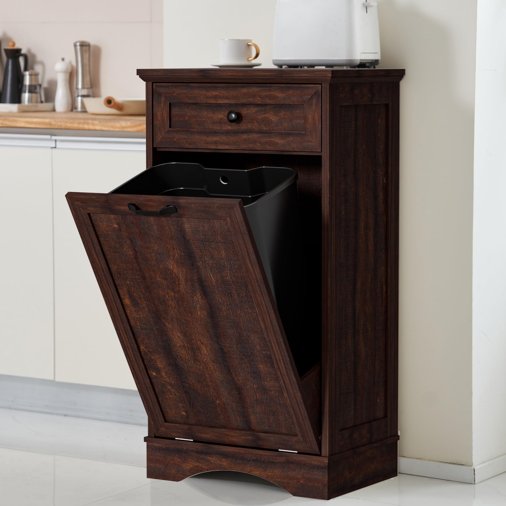 13 gallons tilt out trash cabinet freestanding kitchen trash bin cabinet wood garbage recycling cabinet with hideaway drawer pet proof trash can holder for kitchen living room, brown