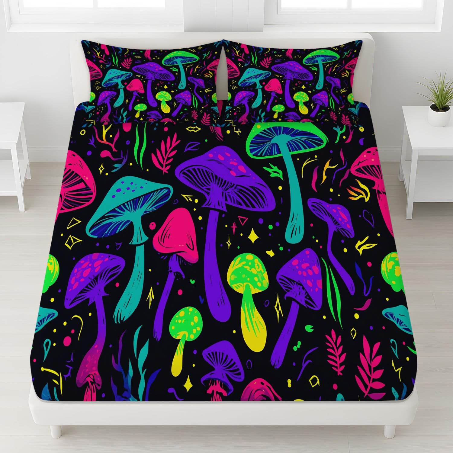 Magisch Wald Spannbetttuch 140 x 200 x 30 cm 3teilig 2 Kissenbezüge 80 x 80 cm Neon Leuchtend Pilz Botanisch Spannbettlaken Set für Kinder Jugendliche Erwachsene Mikrofaser Bettwäsche