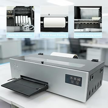 DTF Printer L805 A4 DTF Transfer Printing Machine, Direct to Film Printer with White Ink Circulation System and Semi-Automatic Cleaning, DIY Print for Multiple Fabrics (Printer+Oven+Software)