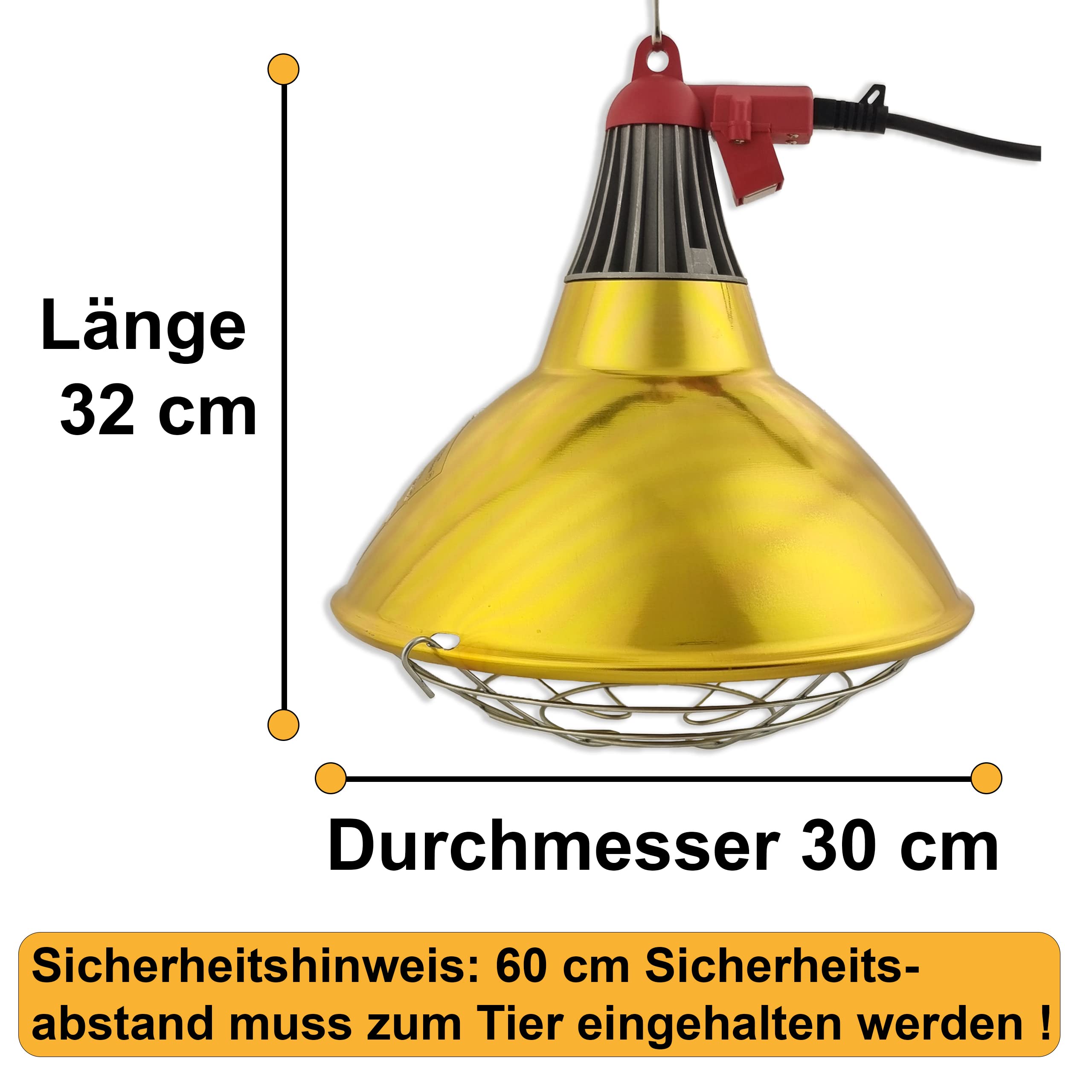 XXL Wärmestrahler 30 ⌀ Durchmesser mit Dimmer | 5 meter Kabel mit Infrarotlampe | Set 150 W Rotlichtlampe Wärmelampe E27 | Ferkellampe, Kückenlampe, Wärmelampe Tiere Hühner Infrarot Heizstrahler