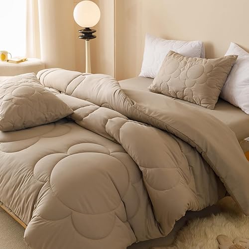 Miniatura 4 de CLOTHKNOW Khaki Daisy Puff Comforter Set Full Champagne Bedding Comforter Sets Floral Comforter Boho Bedding Sets Taupe Bed Comforter Sets Soft 3Pcs