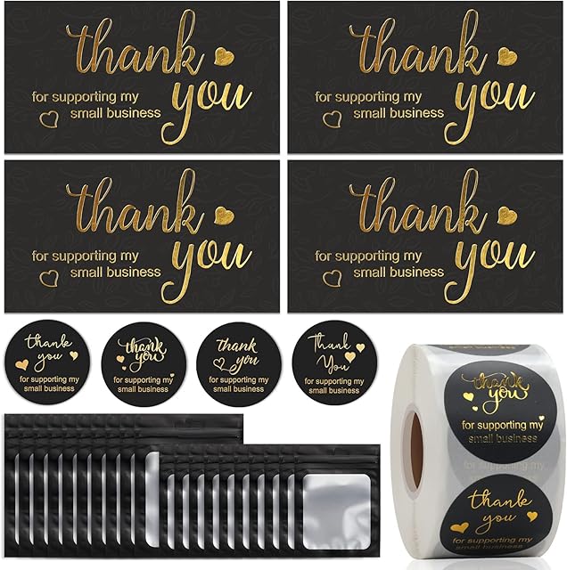 620PCS Thank You Business Cards, 100PCS Black Gold Foil Thank You for Supporting My Small Business Cards 500PCS 1.5 Thank You Stickers Resealable Smell Proof Bags for Business Owners