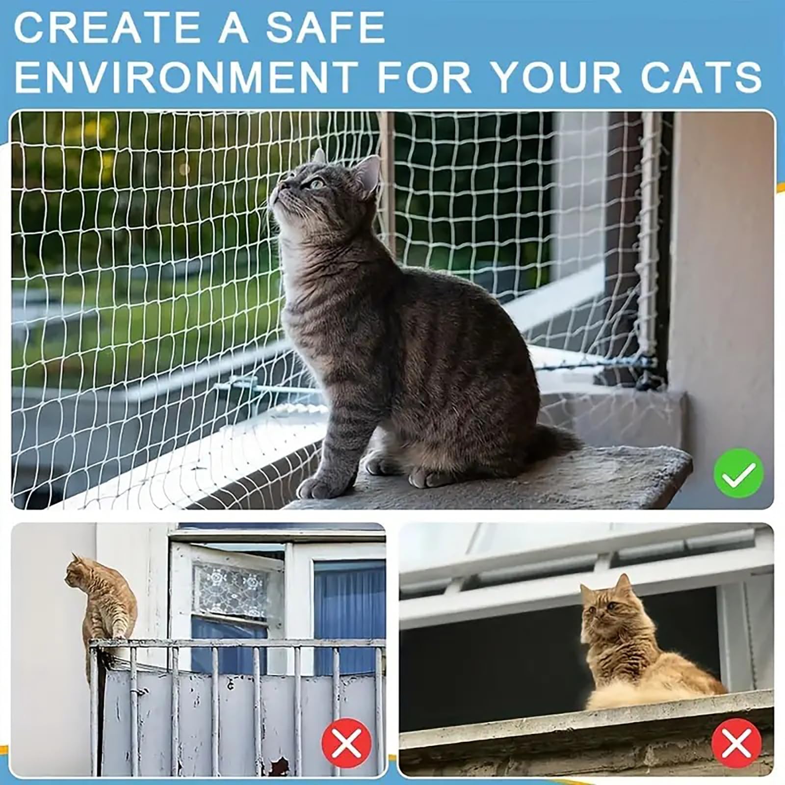 NEWFUN Katzennetz für Balkon,10X3M Balkonnetz für Katzen, Katzennetz Balkon, Stabiles, Langlebiges,Wetterfestes Katzenschutznetz mit Befestigungsschnüren, Heringen und Kabelbindern,Katzennetz Balkon