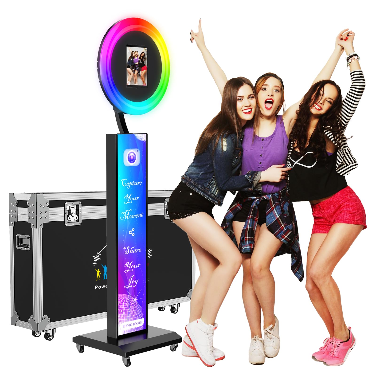 Portable Photo Booth Stand Shell with Light Ring,Fits for Any Size iPad, Photo Booth Shell with Flight Case,Black Selfie Photo Booth with Chacktok Software Perfect for Wedding,Parties and Birthday