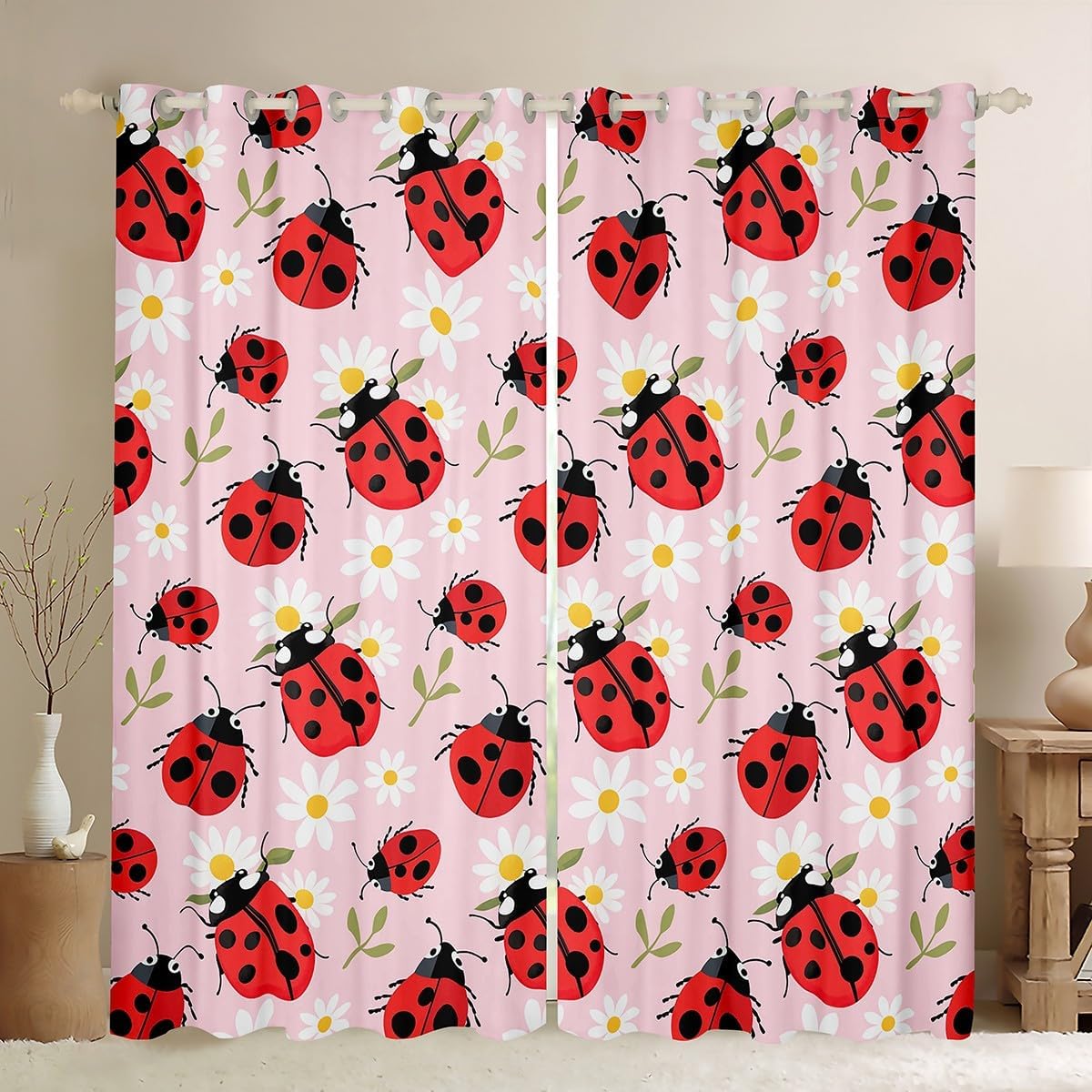 Cute Ladybug Window Curtains Cartoon Dasiy Flower Darkening Blackout Curtains Wild Animal Theme Window Treatments Green Botanical Leaves Grommet Top 2 Panel Set Drapes,38Wx45L